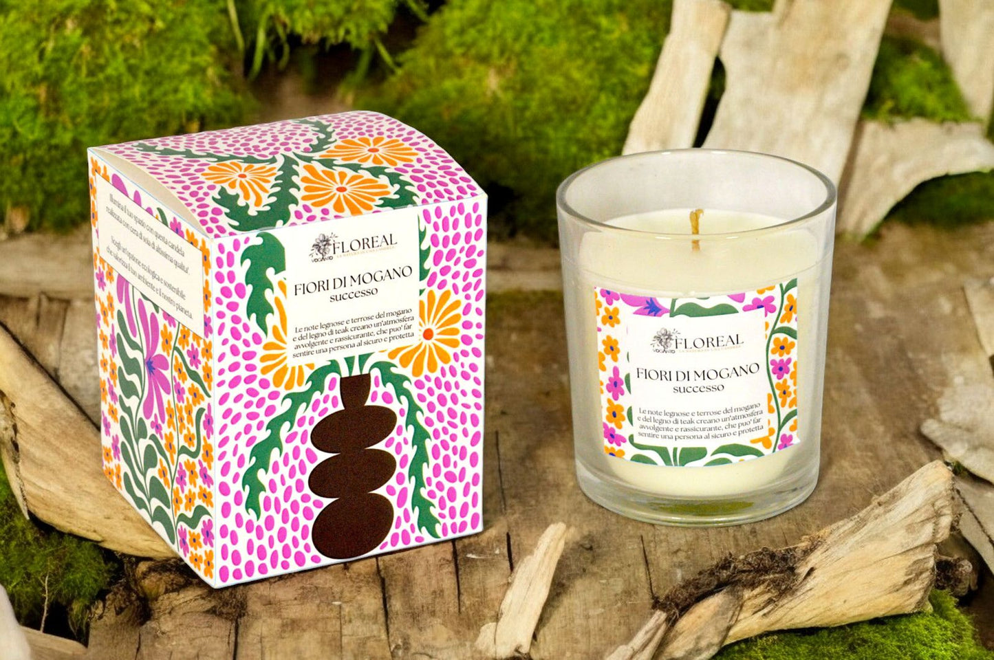 CANDELA IN CERA DI SOIA FLOREAL - SUCCESSO - FIORI DI MOGANO GR 200 C