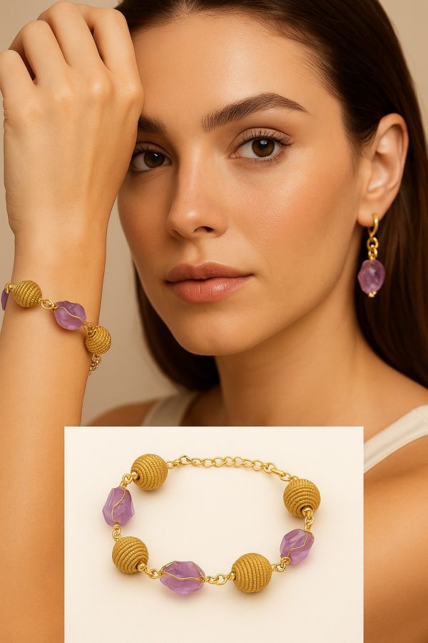 BRACCIALE AUREA AMETISTA E SFERE DI CAPIM DOURADO CM 18 CON SCATOLA C