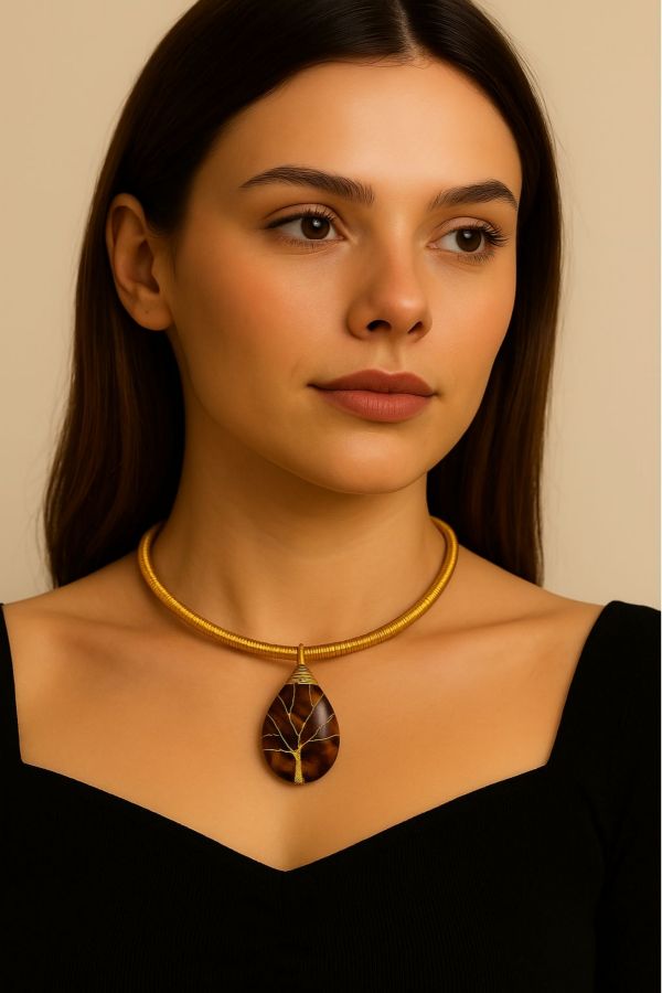 COLLANA AUREA RIGIDA CAPIM DOURADO ALBERO DELLA VITA OCCHIO DI TIGRE+SCATOLA C