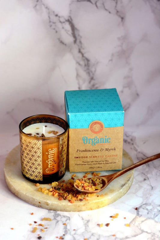CANDELA ORGANIC IN CERA DI SOIA CON FRAMMNENTI DI FRANKINCENSE & MIRRA GR 200