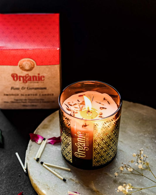 CANDELA ORGANIC IN CERA DI SOIA CON PETALI DI ROSA & GERANIO GR 200