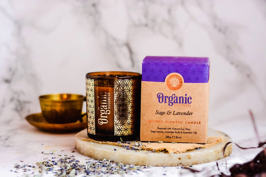 CANDELA ORGANIC IN CERA DI SOIA CON FOGLIE DI SALVIA & LAVANDA GR 200