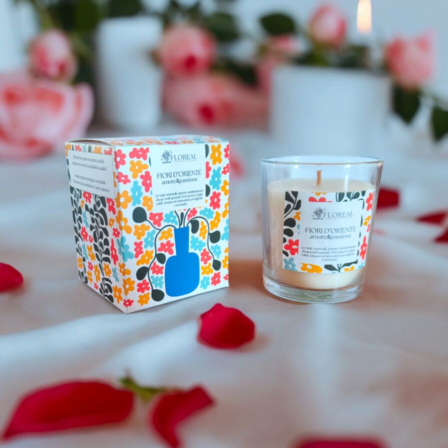 CANDELA IN CERA DI SOIA FLOREAL - AMORE & PASSIONE - FIORI D'ORIENTE GR 200 C
