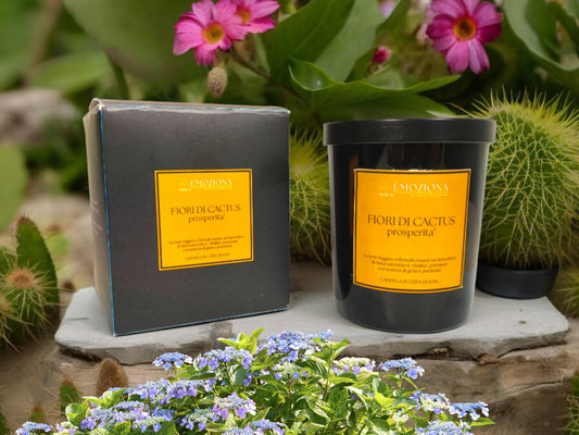 CANDELA IN CERA DI SOIA EMOZIONA - PROSPERITA' - FIORI DI CACTUS GR 200 C