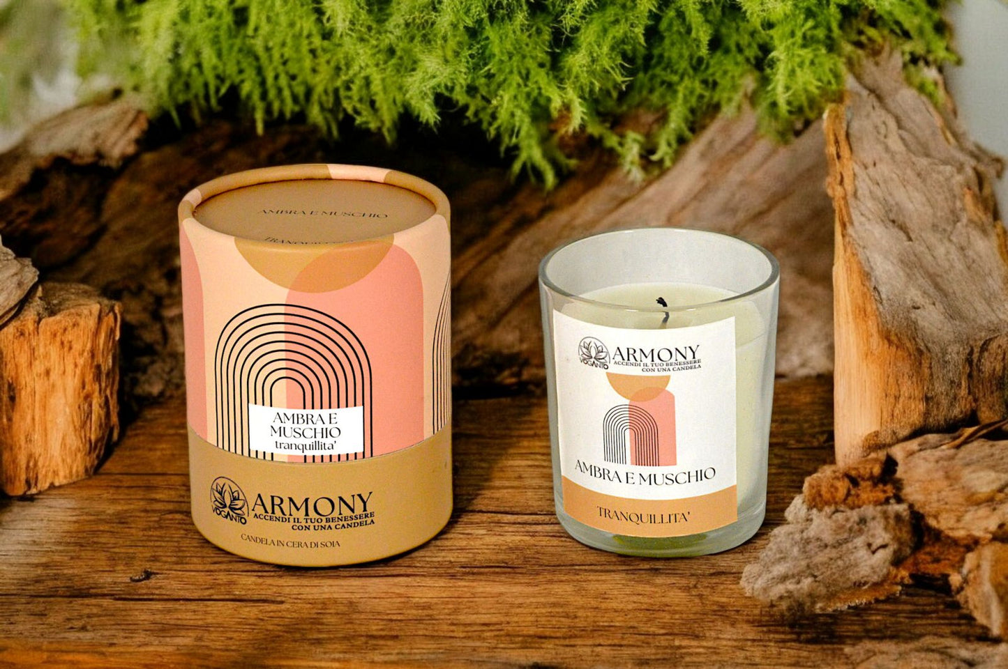 CANDELA IN CERA DI SOIA ARMONY - TRANQUILLITA' - AMBRA E MUSCHIO GR 200 C