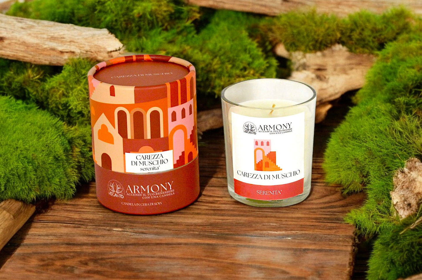 CANDELA IN CERA DI SOIA ARMONY - SERENITA' - CAREZZA DI MUSCHIO GR 200 C