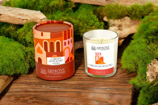 CANDELA IN CERA DI SOIA ARMONY - SERENITA' - CAREZZA DI MUSCHIO GR 200 C