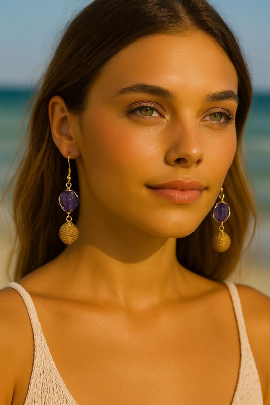 ORECCHINI AUREA AMETISTA CON SFERA DI CAPIM DOURADO CM 5,5 CON SCATOLA C