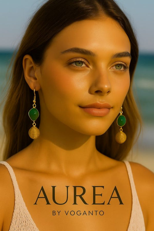 ORECCHINI AUREA AVVENTURINA VERDE CON SFERA DI CAPIM DOURADO CM 5,5 CON SCATOL C