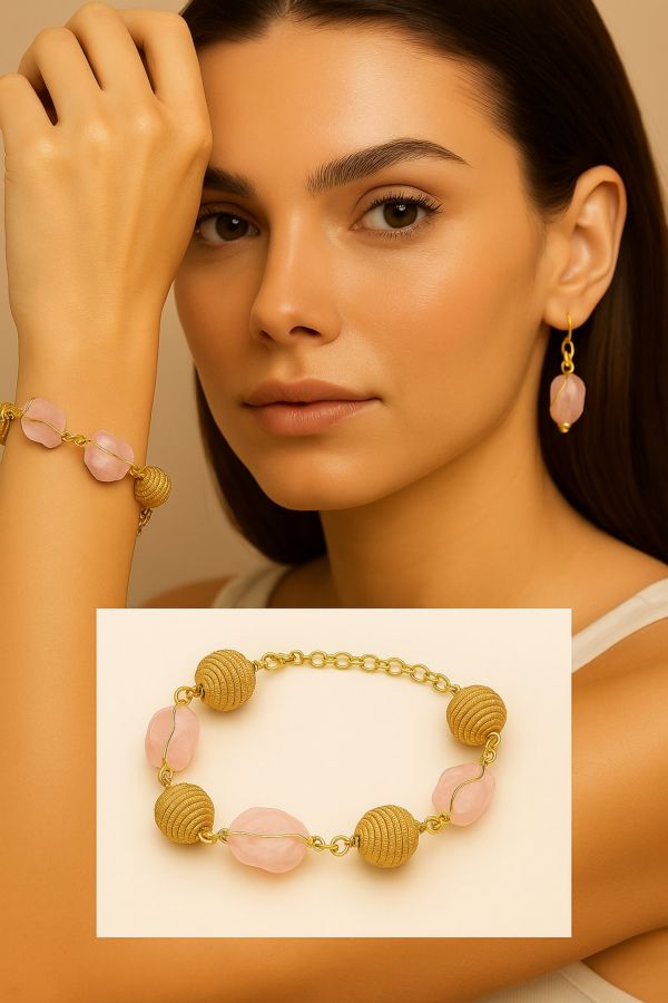 BRACCIALE AUREA QUARZO ROSA E SFERE DI CAPIM DOURADO CM 18 CON SCATOLA C