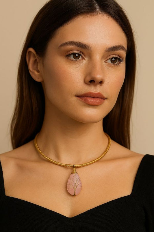 COLLANA AUREA RIGIDA CAPIM DOURADO ALBERO DELLA VITA QUARZO ROSA CON SCATOLA C