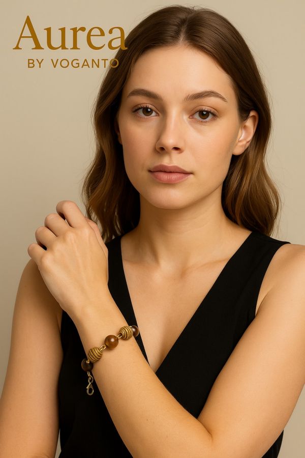 BRACCIALE AUREA OCCHIO DI TIGRE E SFERE DI CAPIM DOURADO CM 18 CON SCATOLA C