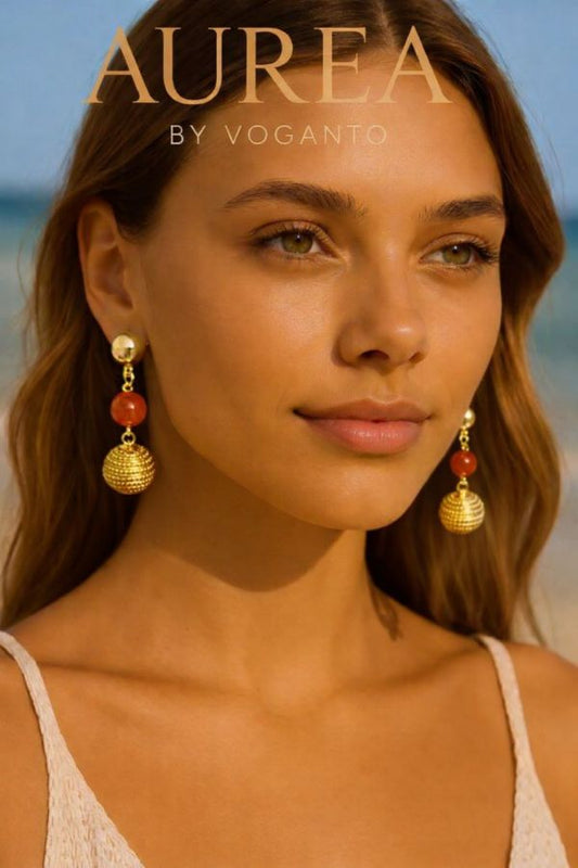 ORECCHINI IN ORO VEGETALE PERLA DI CORNIOLA E SFERA DI CAPIM DOURADO CON SCATOLA