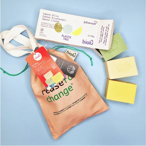 TRIS SOLID ORGANIC SOAPS - 3 x 140g + bag