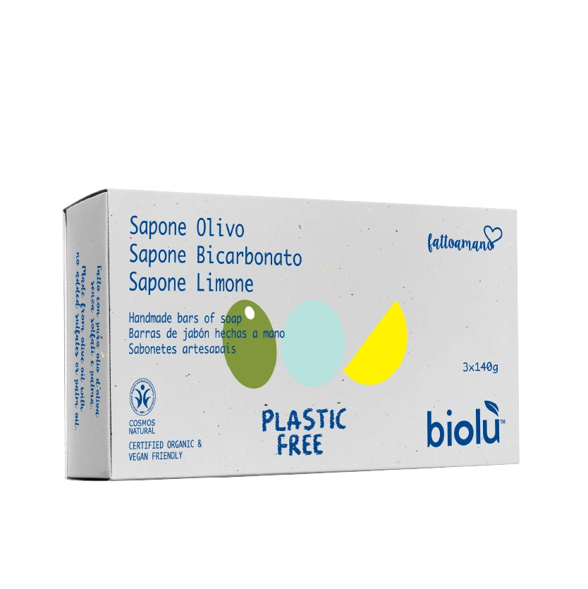 TRIS SOLID ORGANIC SOAPS - 3 x 140g + bag